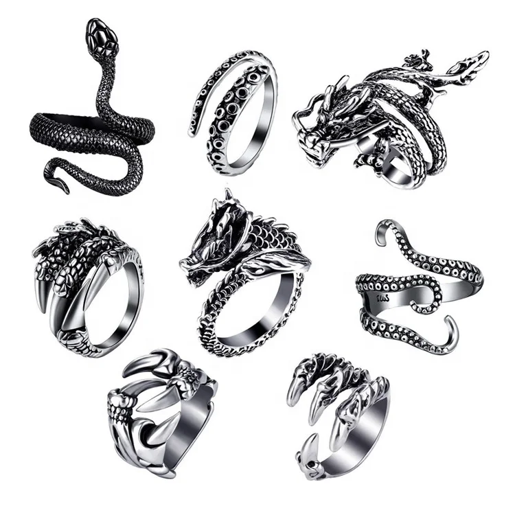 

Cross-Border Retro European And American Ancient Silver Alloy Exaggerated Snake-Shaped Multi-Style Punk Dragon Claw Ring, Picture shows