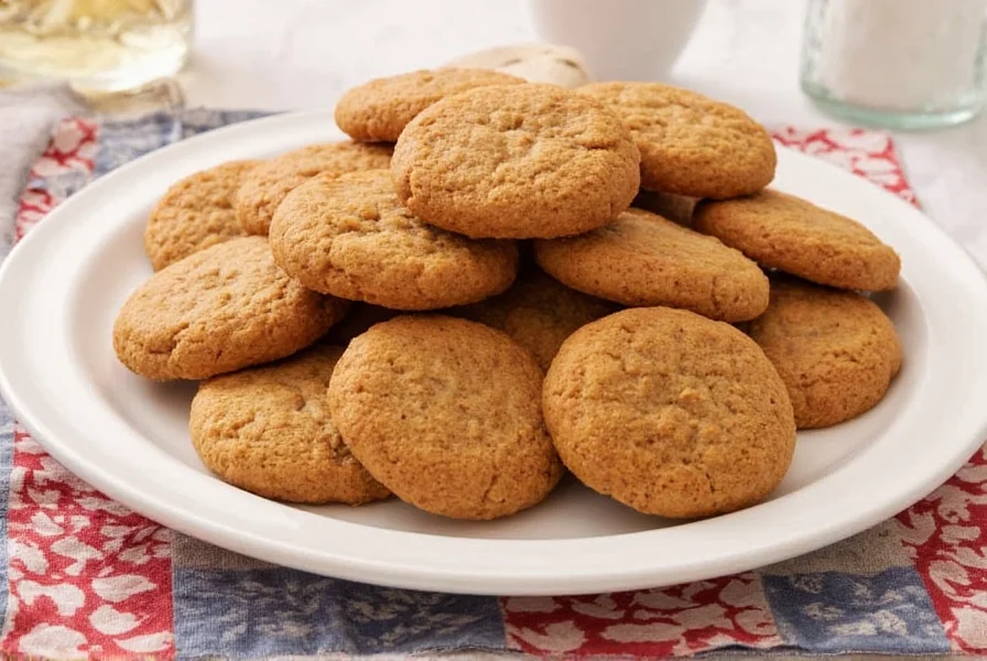 Vintage-style ginger snap cookies arranged on antique ceramic plate with molasses bottle