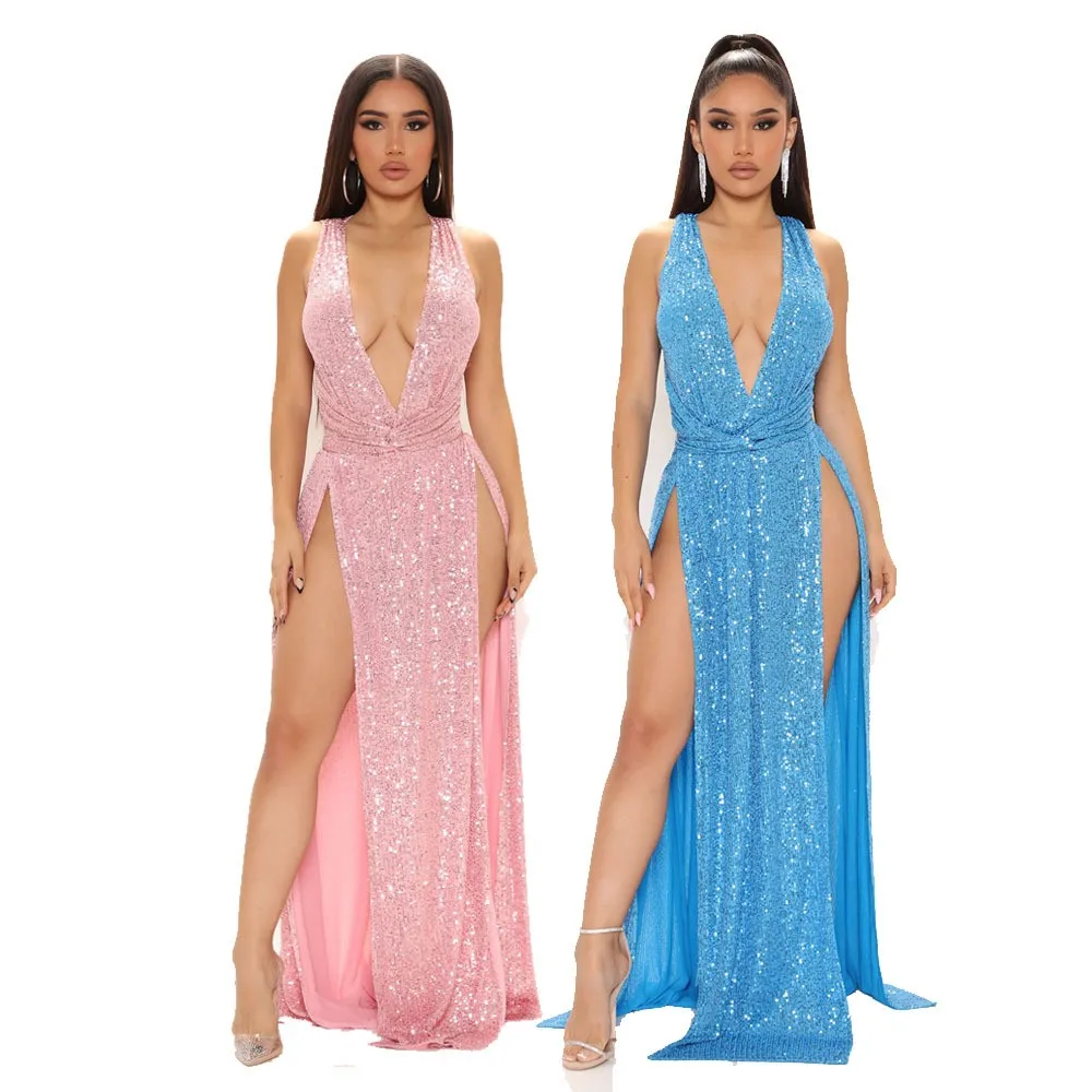 

YQY8842 New Arrivals Summer High Slit Sleeveless Sequin Dresses Women Party Dresses Long Evening Elegant Sexy Club Dresses