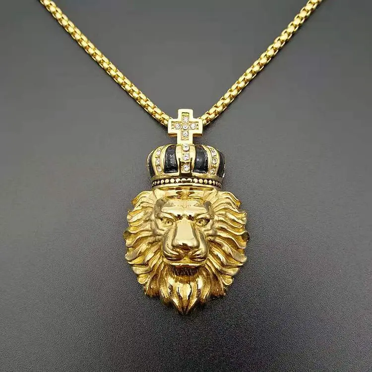 

Amazon Best Selling 18K Gold Plated Lion Head Pendant Crystal Inlay Cross Crown Lion Head Necklace Pendant