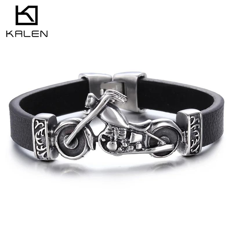 

KALEN Fashion Motorcycle Charm Black Men Cowhide Leather Bracelet