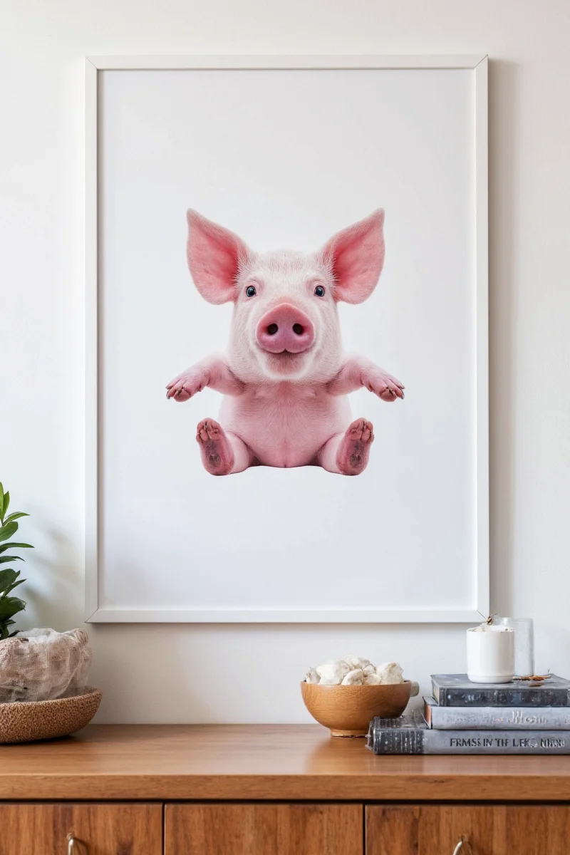 A farmhouse-style living room featuring a gallery wall including a picture of a swine, vintage clocks, and botanical prints