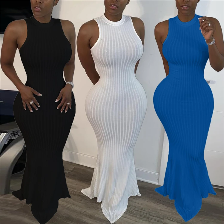 

B95- fashion knit rib sleeveless bodycon long maxi dresses for women