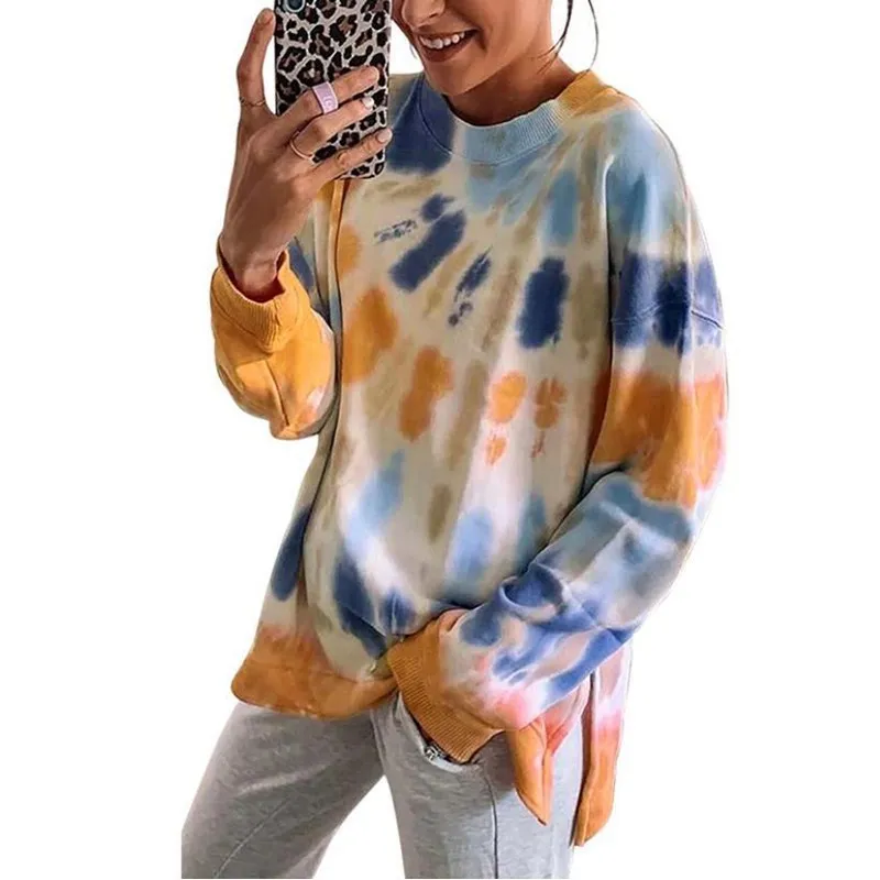 

Long sleeve women's round neck casual loose tie-dye printed sweater women