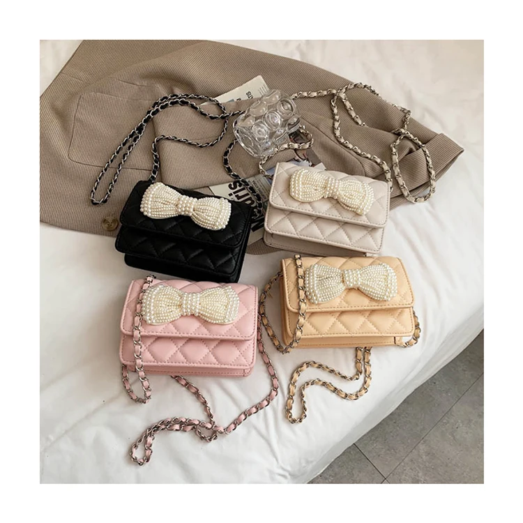 

Trendy Cute Pearl Bow Mini Handbags Quilted Lingge Crossbody Bags Women's PU Leather Shoulder Bags Lady Simple Small Purses