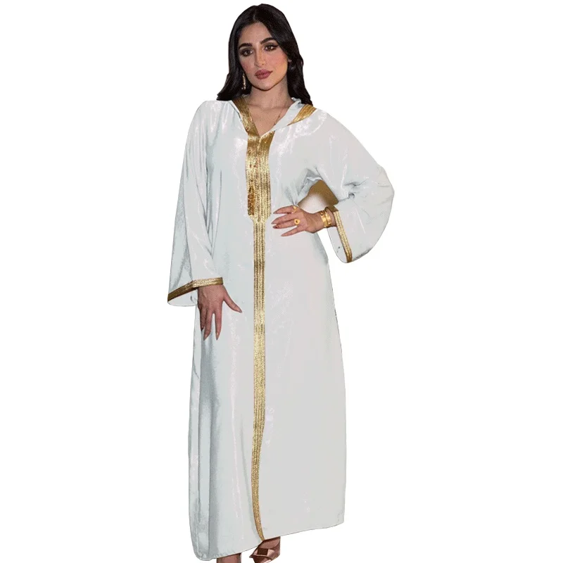 

2021 New Arrivals Fashion Arabic Islamic Women Hooded V-Neck Long Sleeve Shiny Ribbon Beaded Muslim Abaya