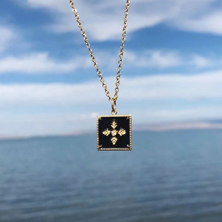 

Stylish Stainless Steel Cross Flower Necklace 18K Gold Plated Black Shell Square Women Necklace with CZ Stone, Gold color