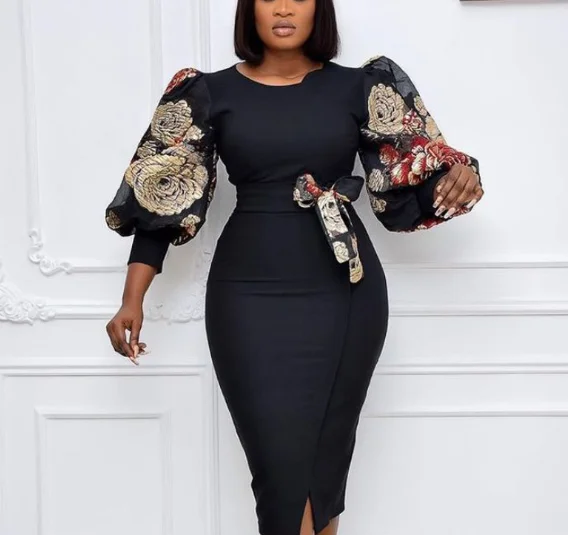

Autumn Bodycon Bowtie Printing African Women Office Career Dresses, Black