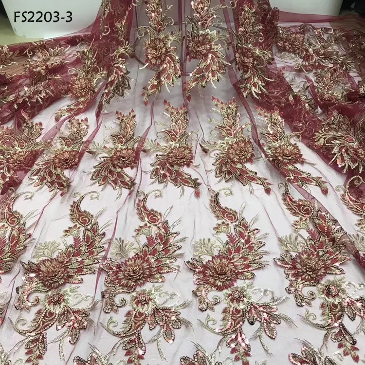 High quality red color indian bridal lace fabric embroidery 3d flower tulle lace with sequins