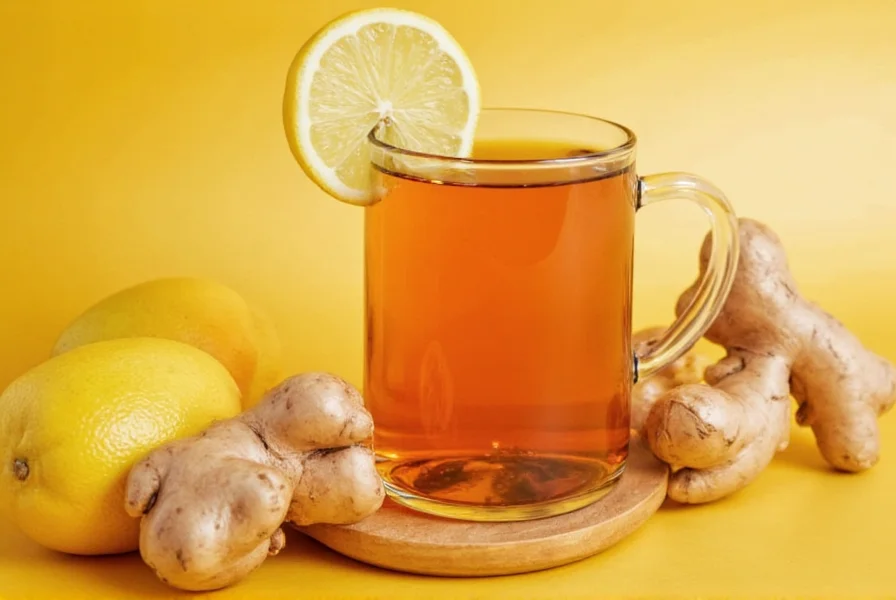 Ginger lemon tea in a ceramic mug with fresh ingredients