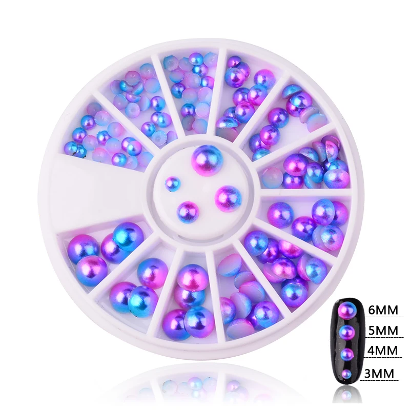 

1 Pcs Mermaid Pearl 3D Nails Art Jewelry Decorations Charms Symphony Gradient Magic Half Round Design Nail Pearls Wheel, Symphony colorful