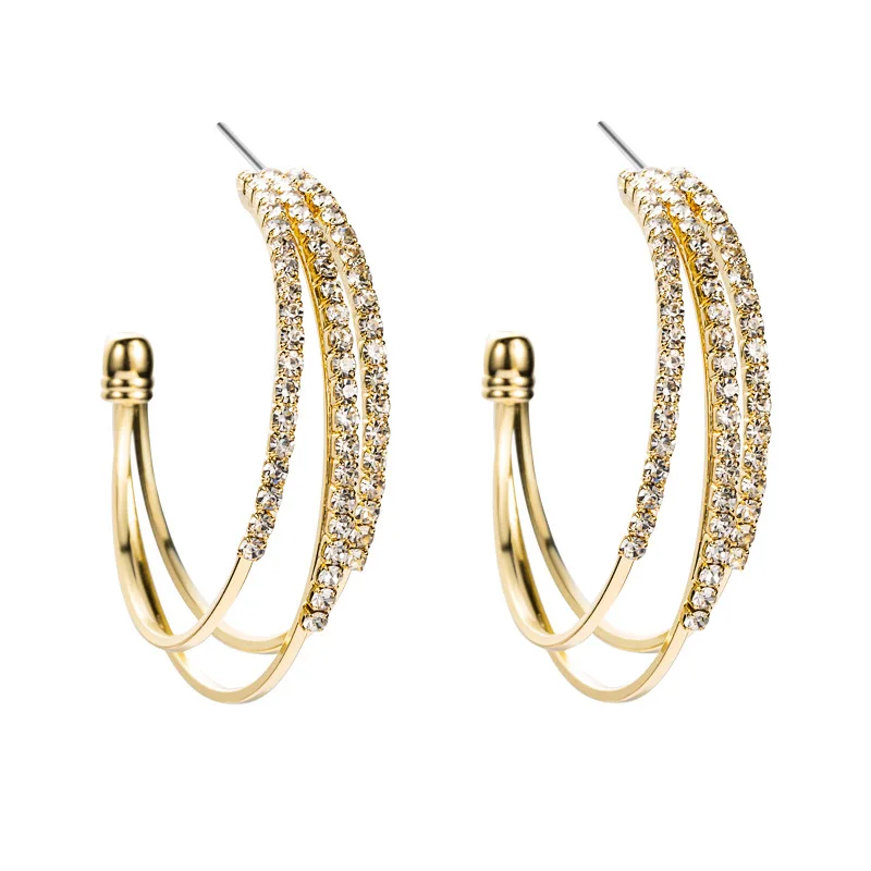 

2021Korean fashion personality design multi-layer C-shaped gold alloy diamond mesh red temperament Earrings