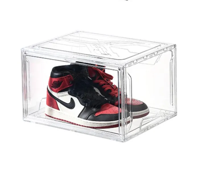 

High Quality Transparent Sneaker Storage Case Magnetic Side Open 6 Sides Clear Shoes Box, White/black