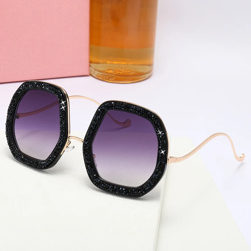 Wholesale Luxury Women's 2024 Purple Blue Sunglasses Fashionable Oversized Polygon Shades with Diamond Shiny Crystal Sun Glasses
