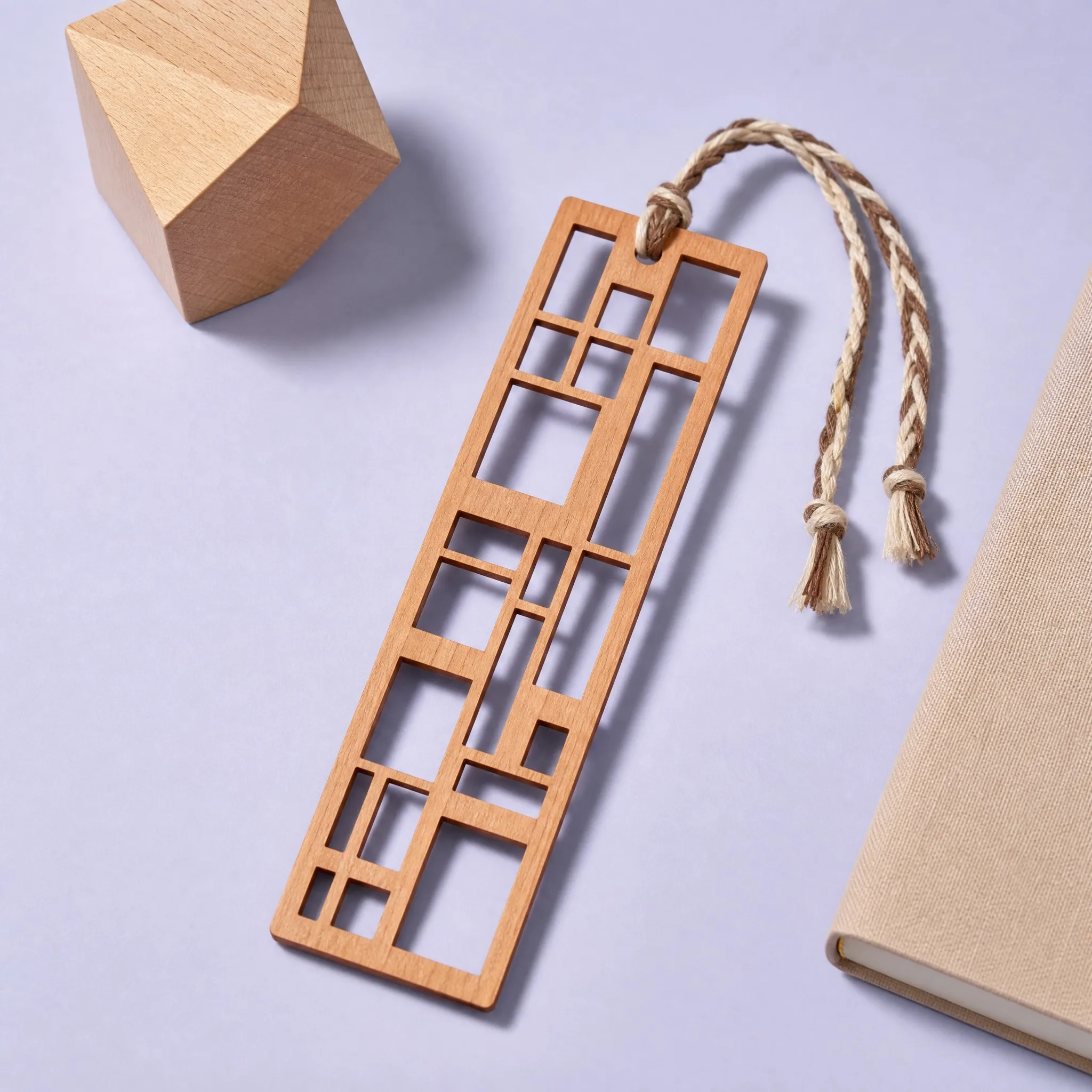 Custom Mid-Century Modern Bauhaus Geometric Grid Hardwood Bookmark with Braided Cord