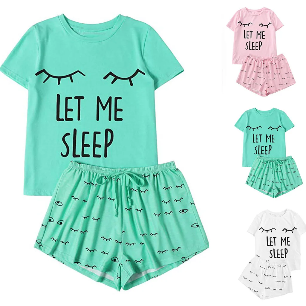 

Coldker Nightwear Women Pajamas Set Casual Shorts Short Sleeve Print Cotton T-shirt Sleepwear Set