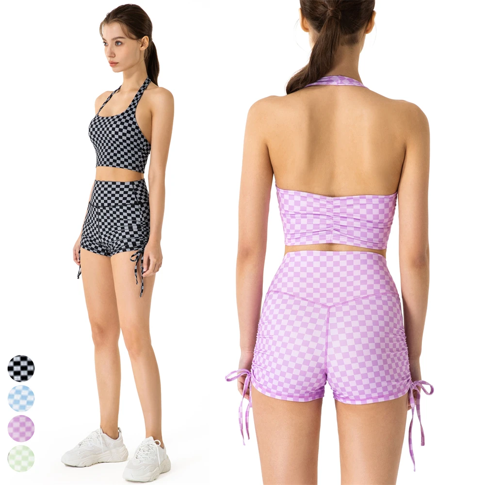 

Gym Fitness Set Workout Clothing Sports Bra Yoga Shorts 2 Pieces Suits Activewear Gym Plaid Yoga Sets