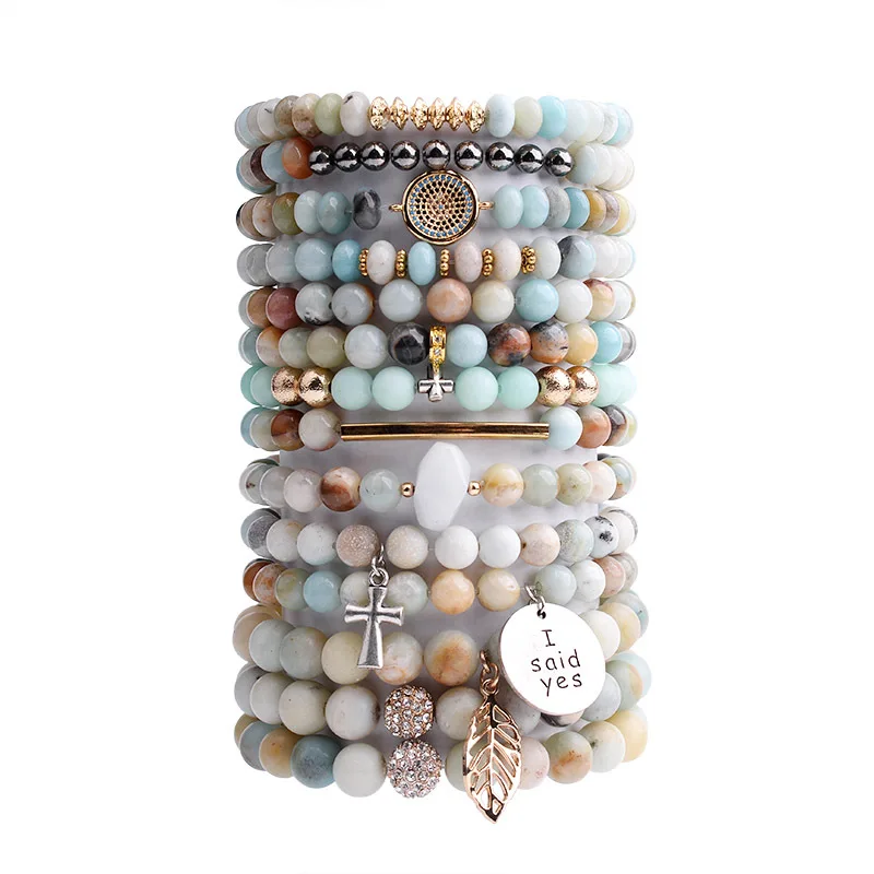 

Ethnic Style Natural Stone Beaded Bracelet Multilayer Stackable Round Bead Cross Pendant Bracelet for Women