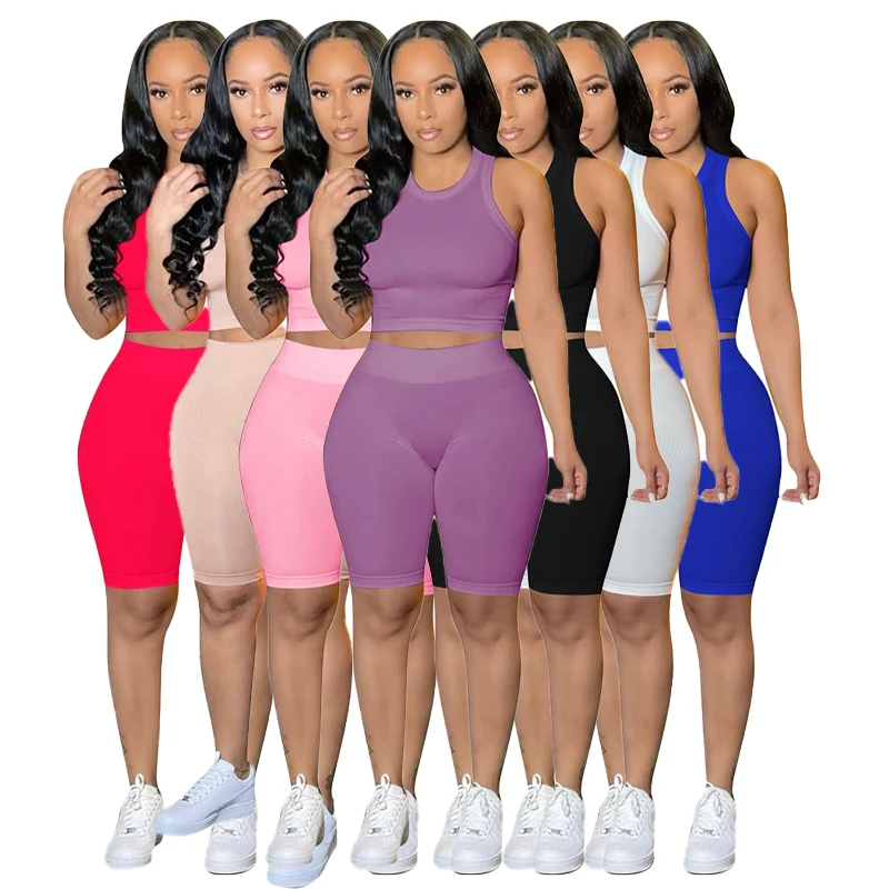 

Newest Design Sexy Casual Crop Top Sleeveless O-neck Solid Color Women Biker Short Set Skinny 2 Piece Set Women Two Piece Set, Picture color