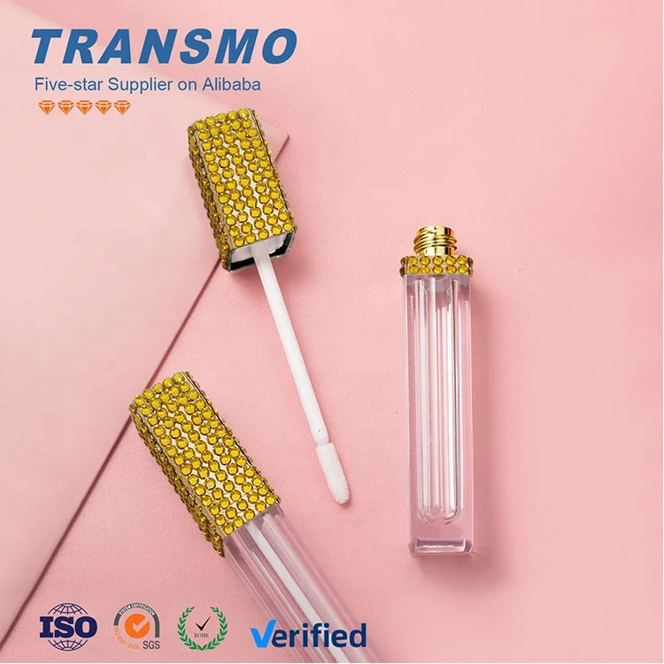 

Hot sale 6.5ml gold square clear lip gloss private label diamond custom lipgloss empty lip gloss tube container with brush