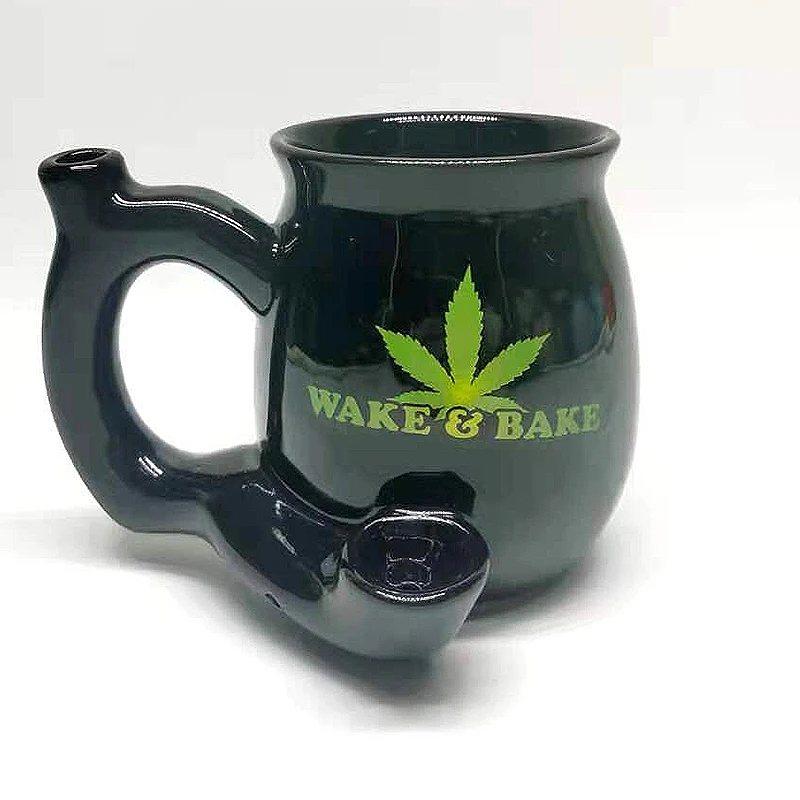 

Custom Ready To Ship Novelty Ceramic Wake And Bake Coffee Tobacco Mug Pipe Handle Blue Smoke Mug Pipe Taza Pipa, Customize