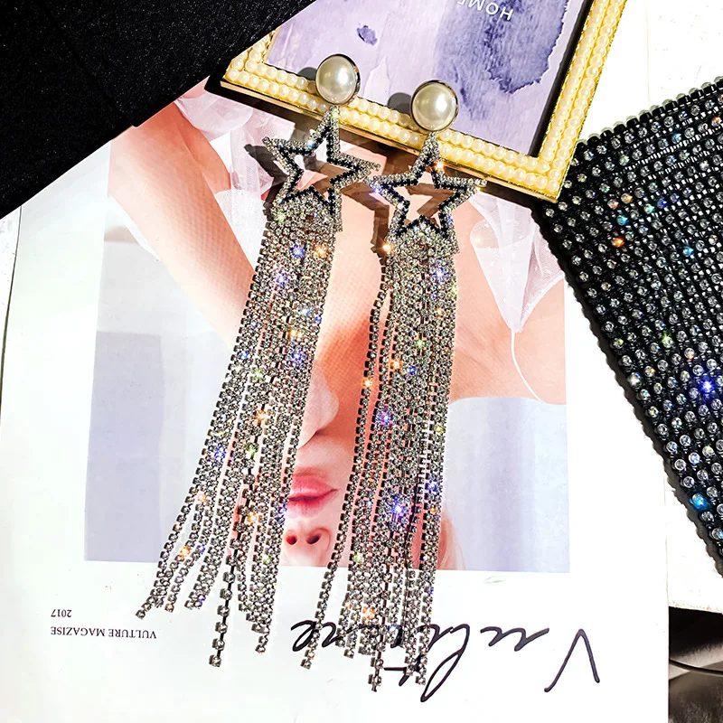 

African long exaggerated diamond tassel super star earrings personalized bling earrings women's fashion earrings