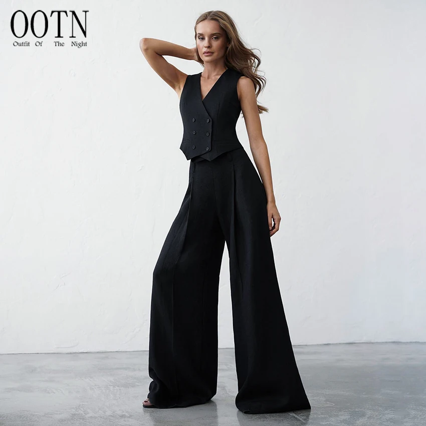 

OOTN Women Elegant Cotton Linen Outfits V-Neck Double-Breasted Vest Summer Wide Leg Pants Sets Black Office 2 Pieces Sets