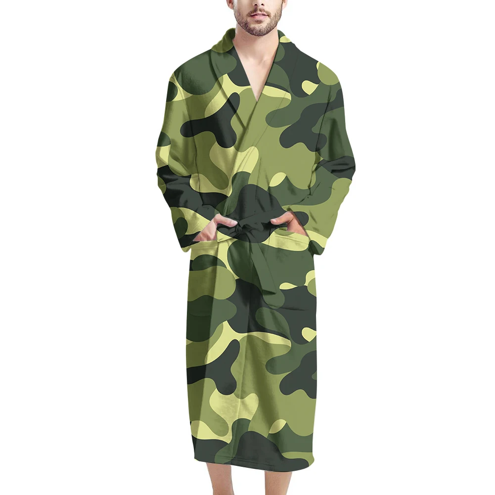 

Men Home Hotel White Robe With Green Camouflage 100% Polyester Long Robe Bathrobe Male Water Absorption Microfiber Bathrobe, Customized color