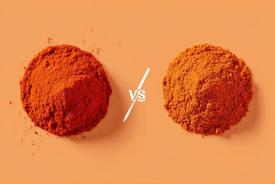 Close-up comparison of cayenne powder and paprika in spice jars showing color differences between the two red spices