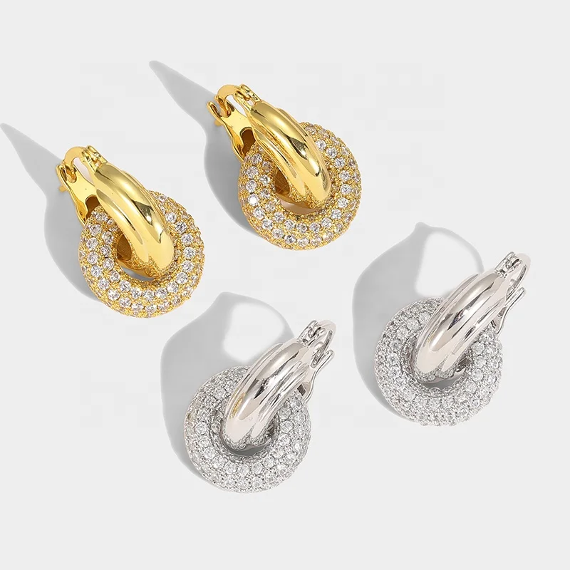 

Vintage Vintage Simple Brass Plated 18k Real Gold With Zirconia Metal Double Hoop Earrings, Rose gold