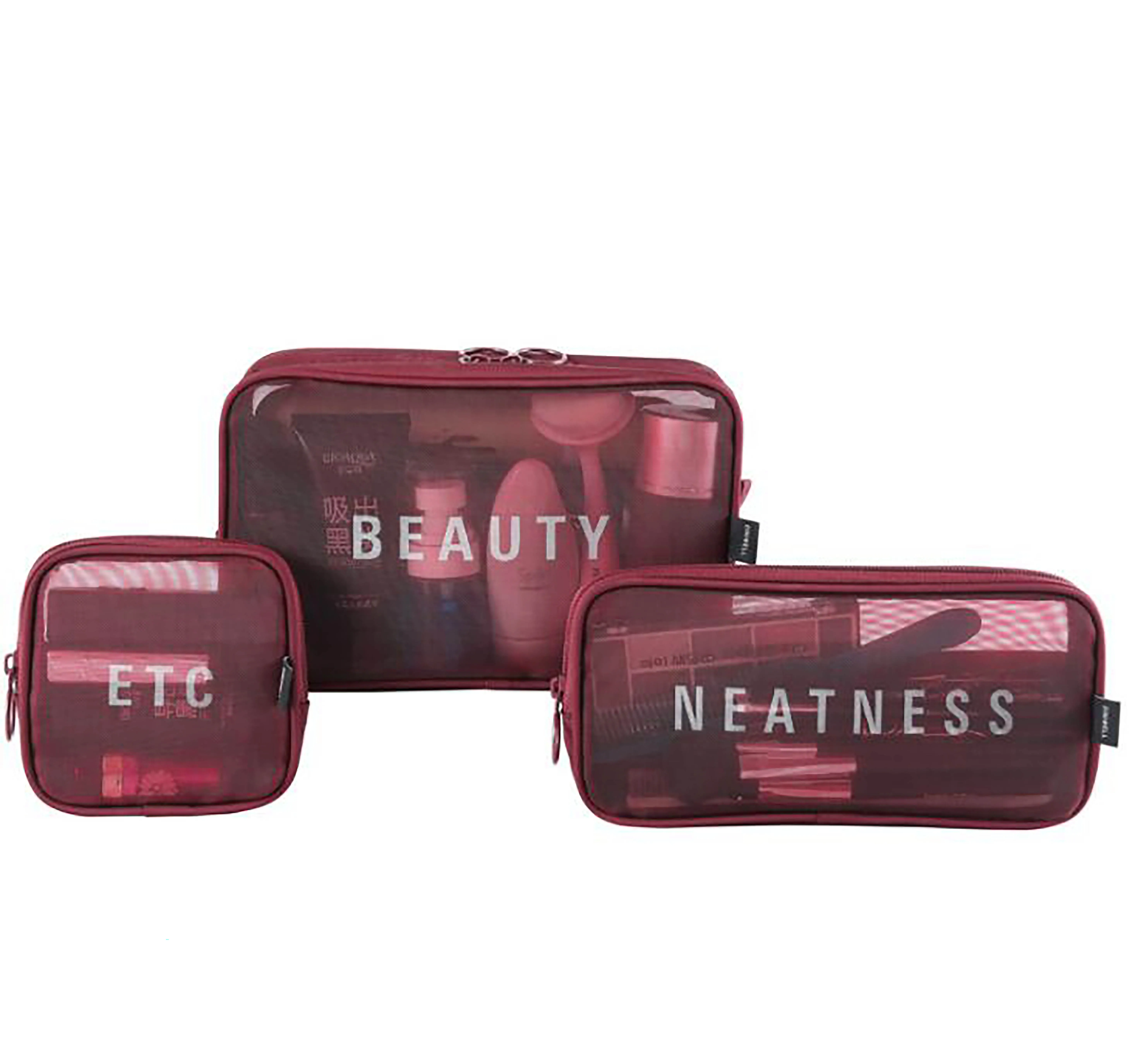 

Fashional Mesh Travel Toiletry Bag ransparent Standing Pouch Portable Shaving Washing Kits Organizer brush set with bag Red