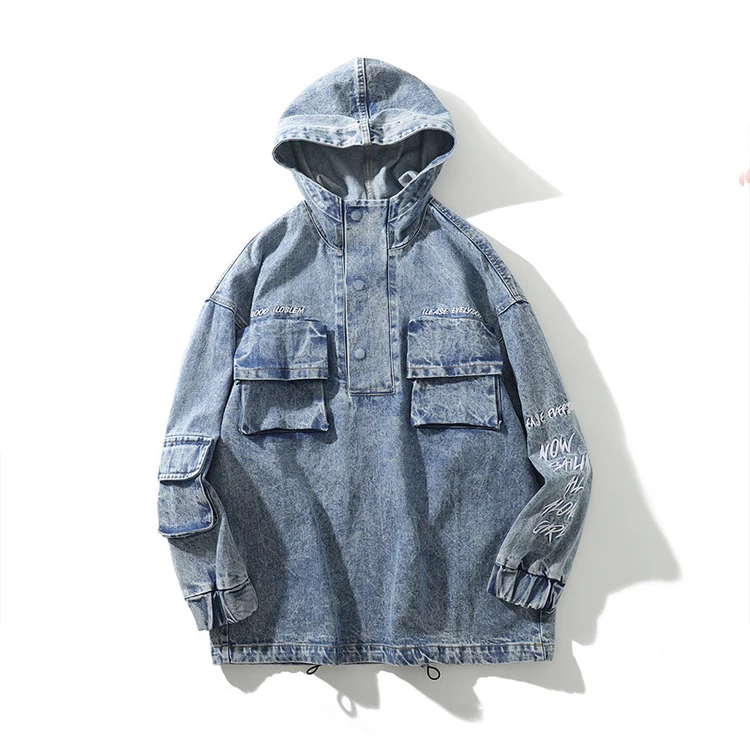

Wholesale Men Retro Wash Jean Denim Jacket With Hoodie, Blue