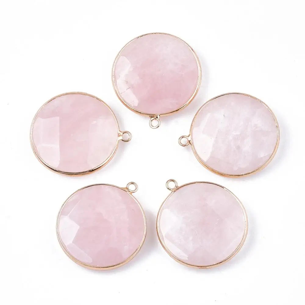 

PandaHall Brass Findings Faceted Flat Round Golden Natural Rose Quartz Pendants