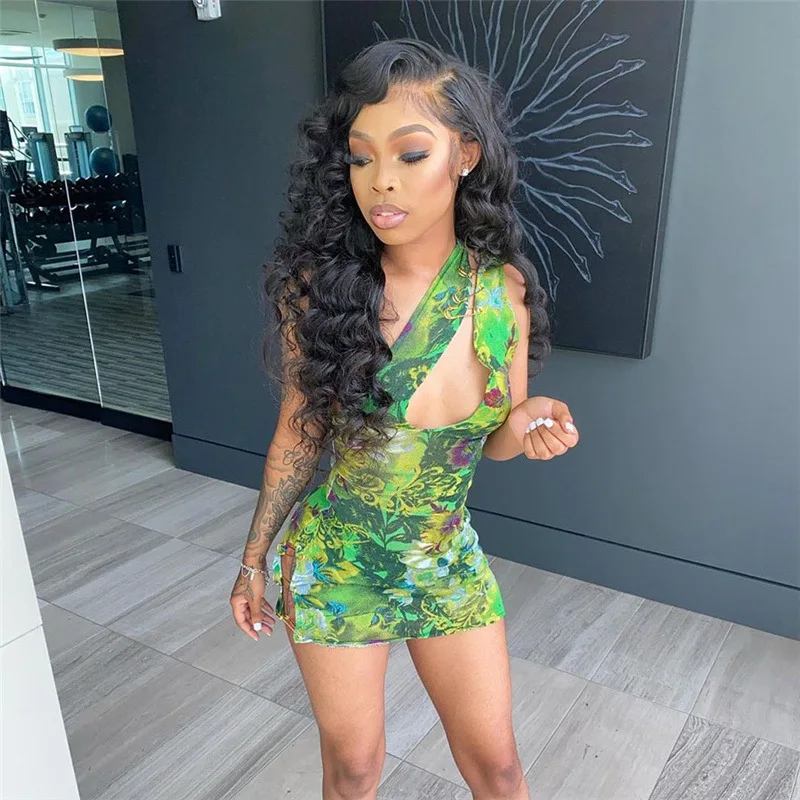 

Pin Style New Fashion Slanted Shoulder Print Mini Cut Out Summer Green Casual Dress