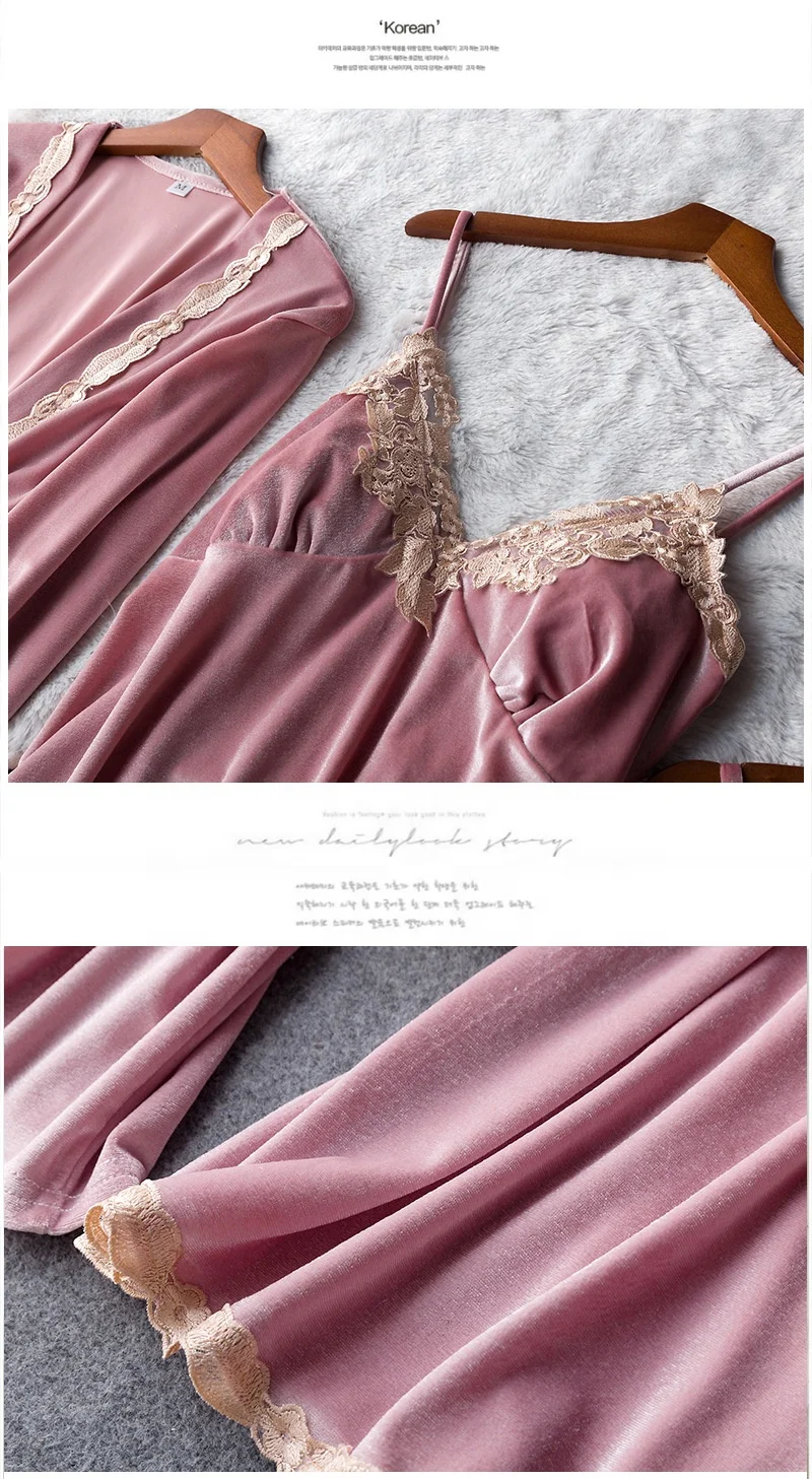 
Gold Velvet 4 Pieces Kit Ladies Lace Robe Sexy Sleeveless Nightwear Pajamas Sets Sleepwear Women 