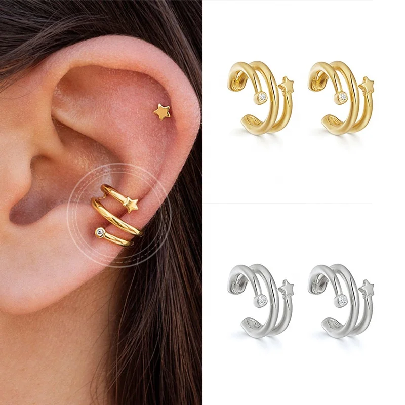 

European high end luxury sterling silver ear cuff women jewelry 18K gold plated inlay star zircon clip on earrings, As the pic show