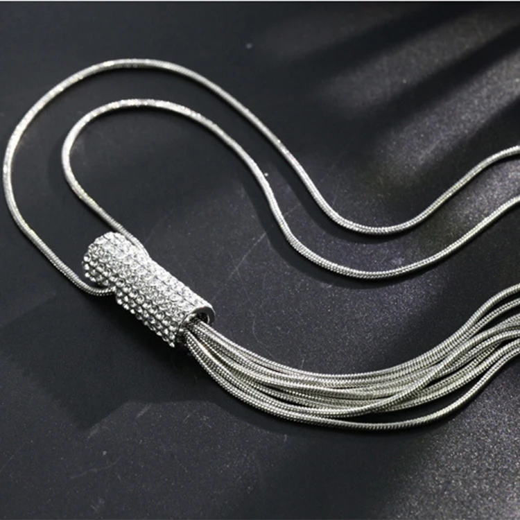 

2021 latest full diamond geometric tassel pendant pearl jewelry long necklace
