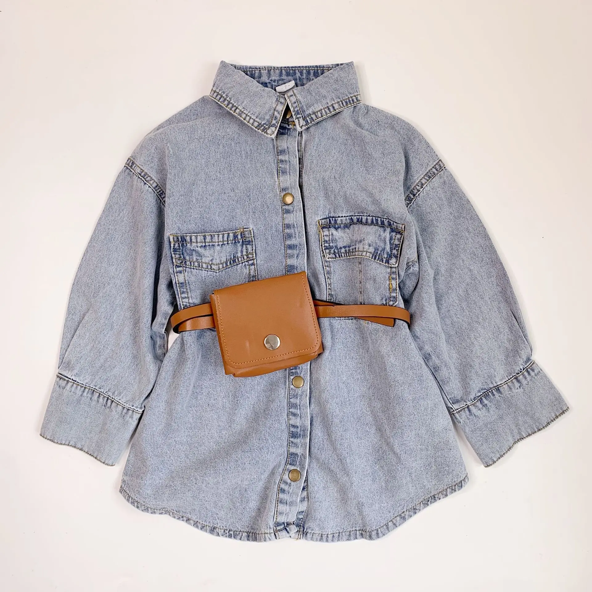 

New fashion Girls spring autumn long sleeve casual denim jeans dress with waist bag clothing for kids, Picture shows