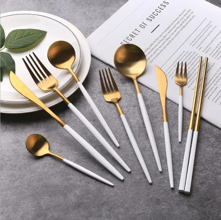 

Wholesale New Stainless Steel Brass Gold Plated Flatware Wedding 4pc 5pcs Cutlery Set 20 Piece Dinnerware Set, Silver, gold, rose gold, black