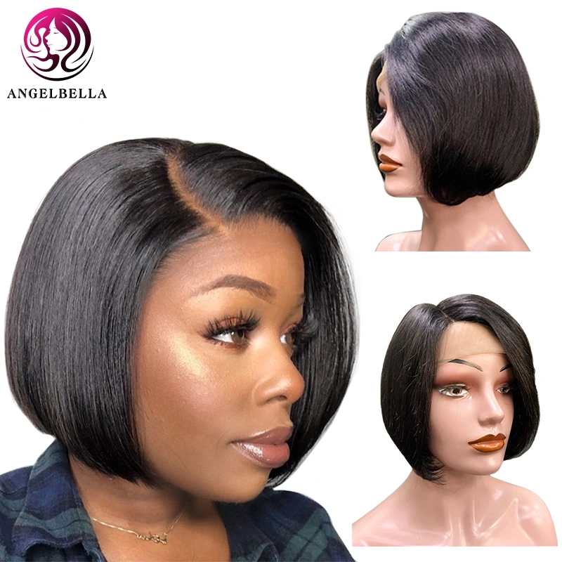 

Bob Wig Straight Short Human Hair Wigs for Black Angelbella Brazilian Women None Lace Wigs INDIAN Hair Remy Hair French Lace, Natural black color