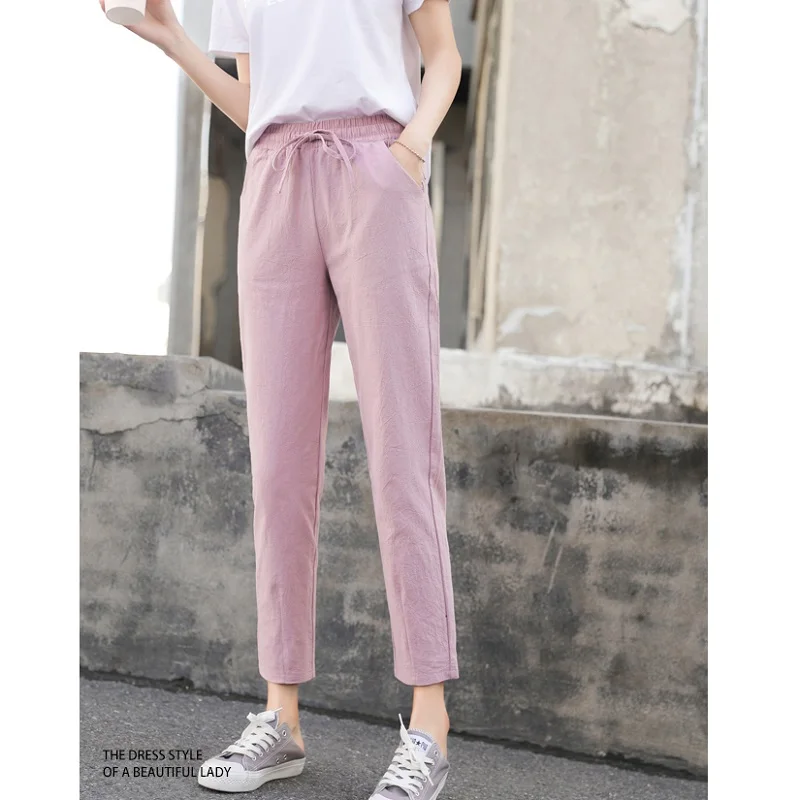 

2021 Summer Womens Elastic Waist Candy Colors Pants Soft Cotton Linen Harem Trousers High Quality For Female