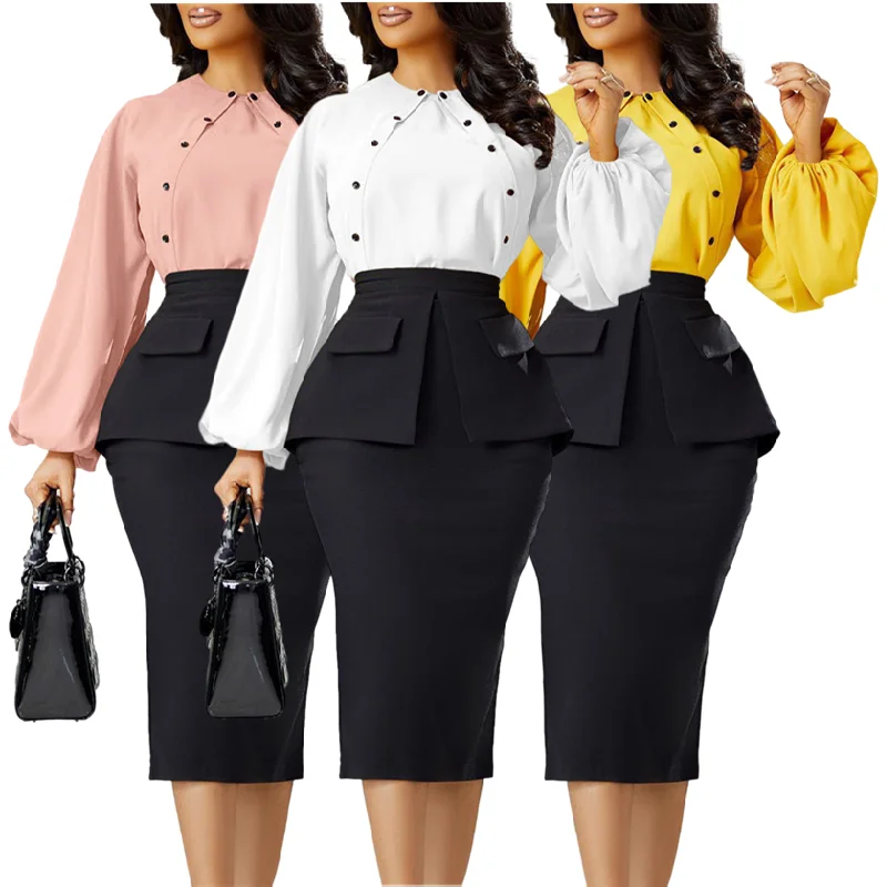 

D445 Latest Design Autumn&Winter Ladies Office Outfits For Women Long Sleeve Top And Wrap Hip Skirt Sets For Women Two Pieces