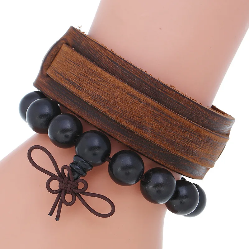 

Hot Selling Europe And American Punk Style Jewelry High Quality Genuine Leather Mens Wristband Wood Bead Bracelet Suit, Picture shows