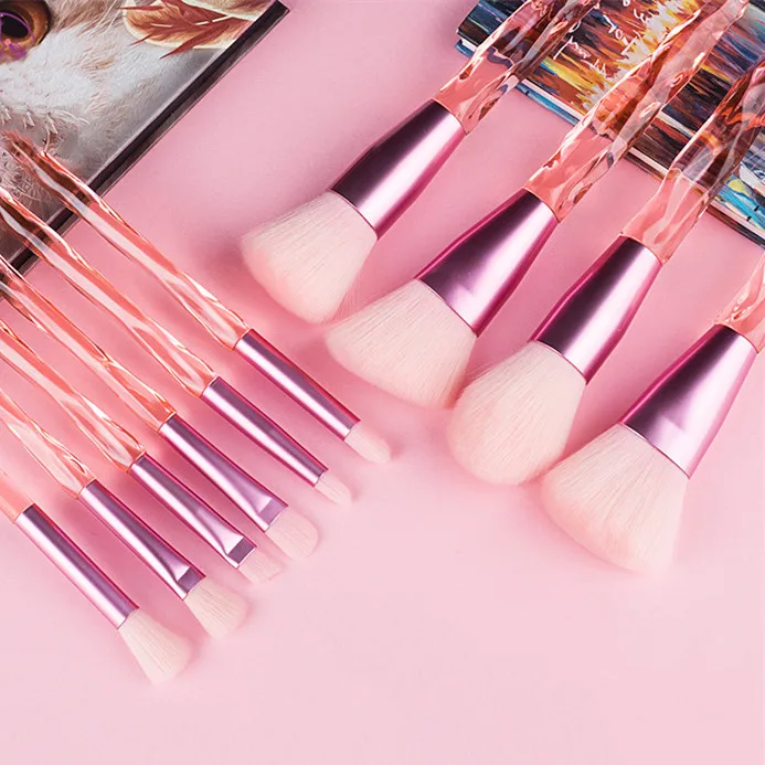 

2021soft vegan custom logo luxury transparent glass holographic pink 10pcs clear crystal diamond handle makeup brush set