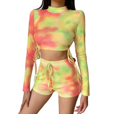 

Trendy Long Sleeve Drawstring Tie Dye Two Piece Women Short Sets