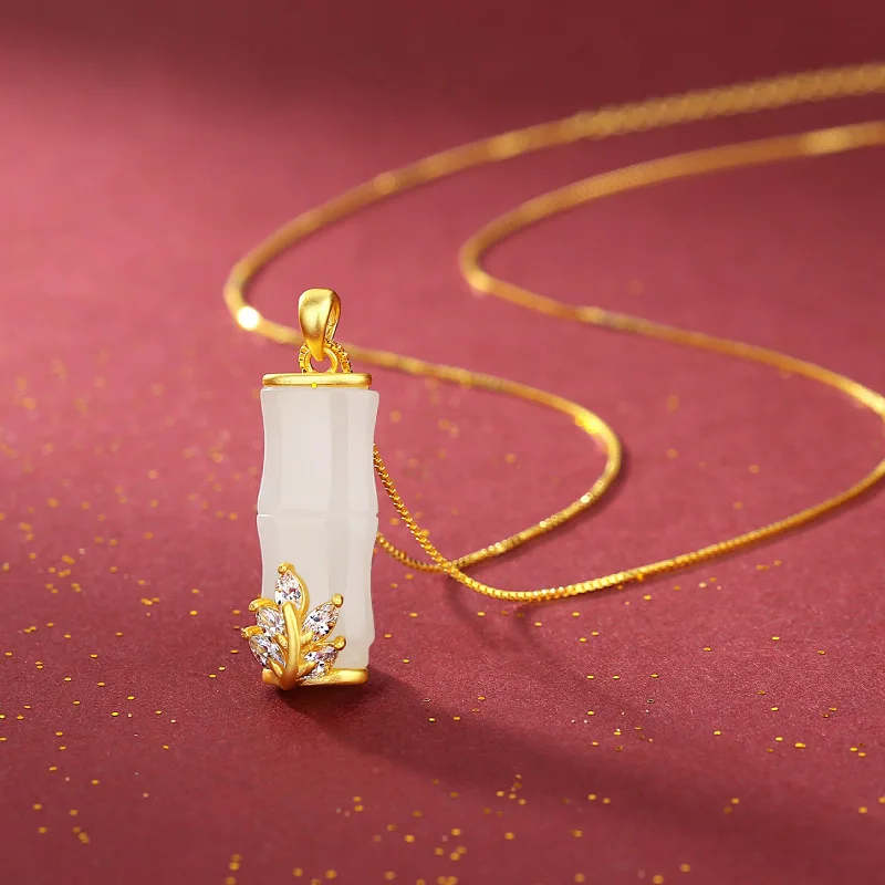 

High Quality Jewelry S925 Nephrite Bamboo Pendant Best Mother Gift 18K Gold Necklace for Mother's Day