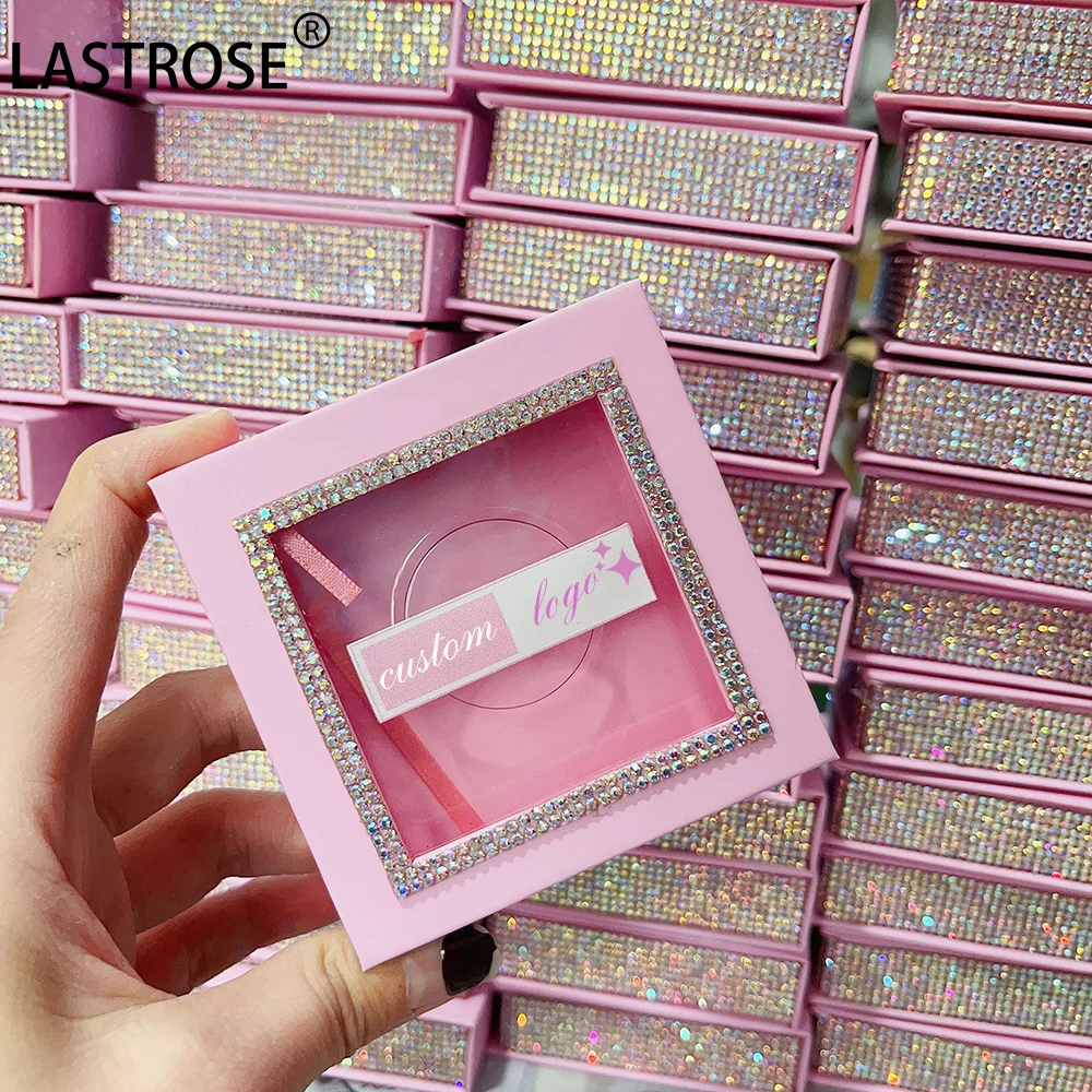 

hot selling bling diamond lash case Custom logo empty lashes box pink square rhinestone lash box