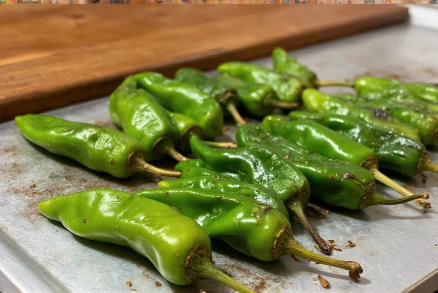 Roasted poblano chili substitutes arranged in cooking preparation stages on kitchen counter