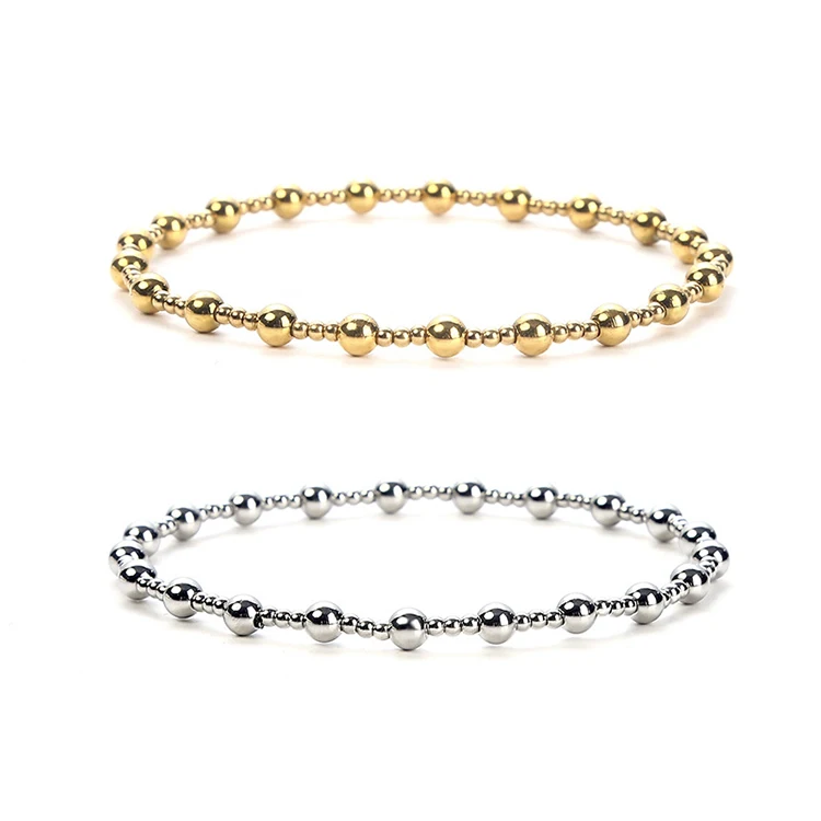 

G2123 Waterproof Stainless Steel Charm Beads Wholesale Bracelet Jewelry PVD 18k Gold Plated Ball Beaded Chain Elastic Bracelet
