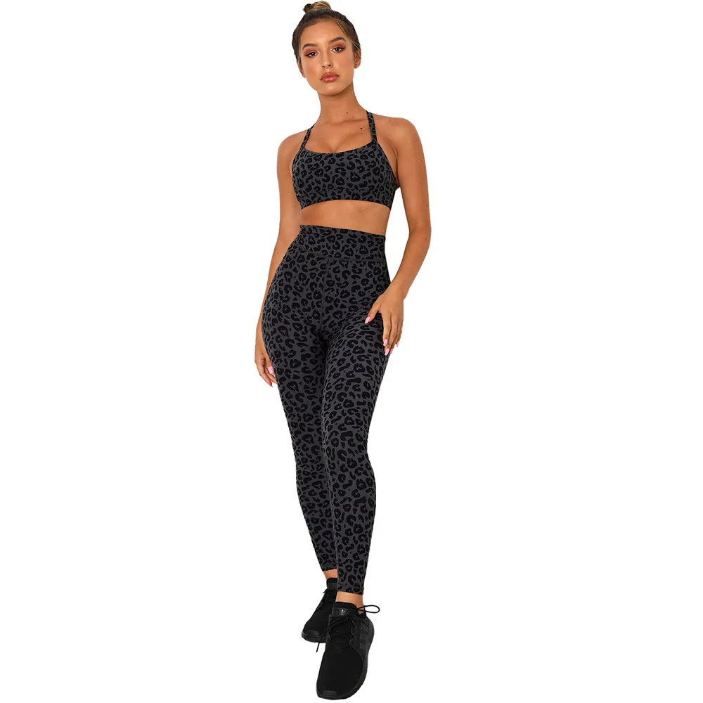 

2Pcs Set Women Yoga Set Leopard High Waist Pants Camouflage Workout Sports Suit Fitness Running Gym Sport Clothes